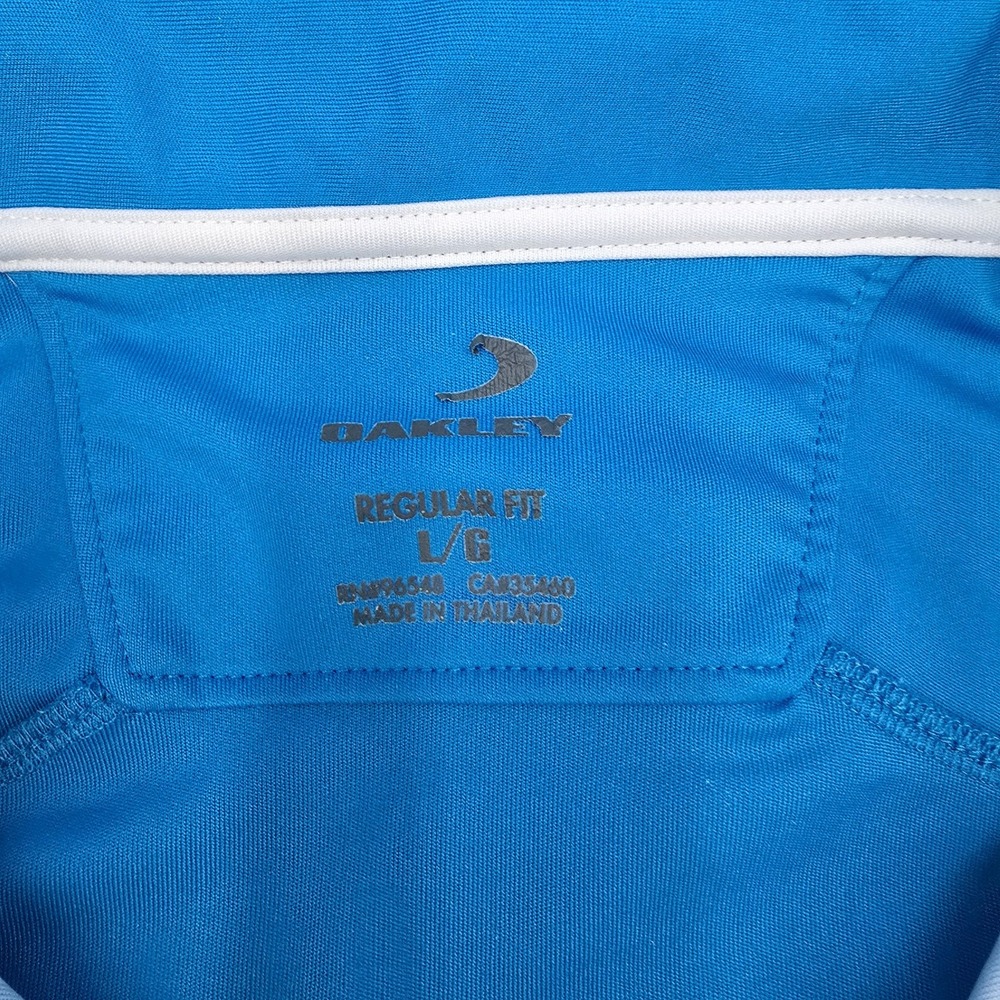 OAKLEY GOLF POLO SHIRT AQUA BLUE WHITE STRIPE -POLY HYDROLIX Size Large - Picture 6 of 8